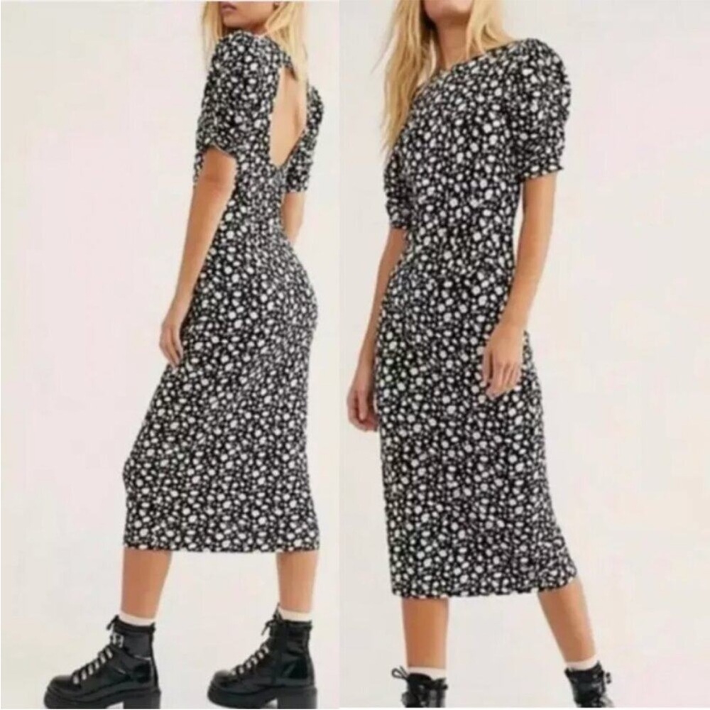 Free People Rosie Stretch Knit Floral Puff Sleeve Cutout Midi Dress. Size M - Picture 2 of 15